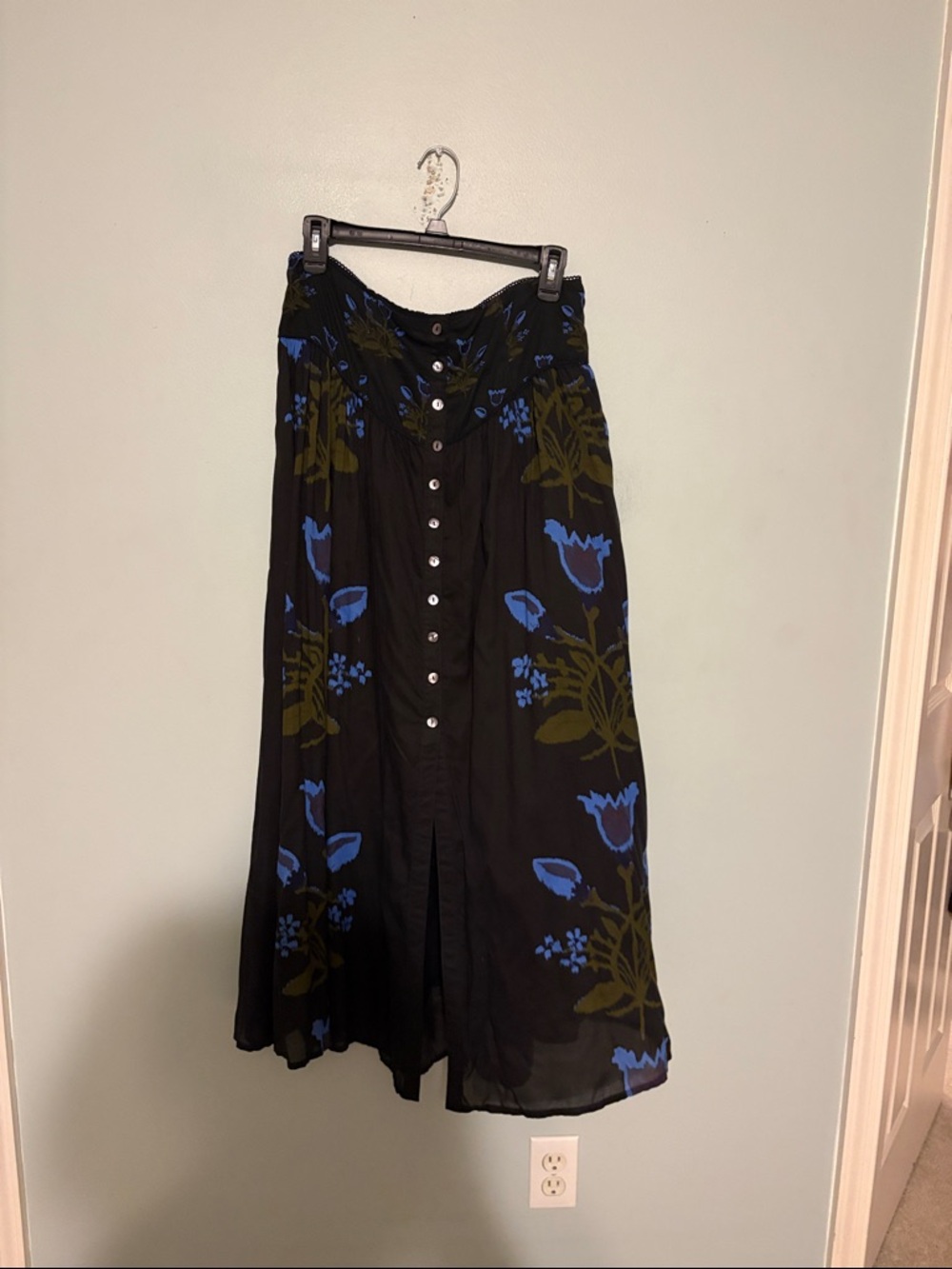 Free People Black Maxi Skirt with Blue & Olive Floral Print